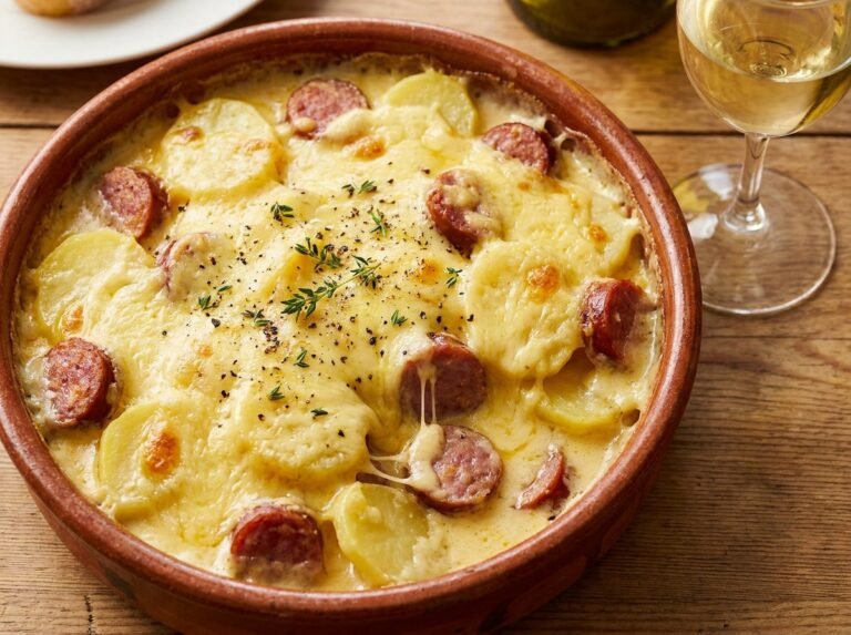 Gratin de pommes de terre à la saucisse de Morteau et à la cancoillotte, ultra fondant