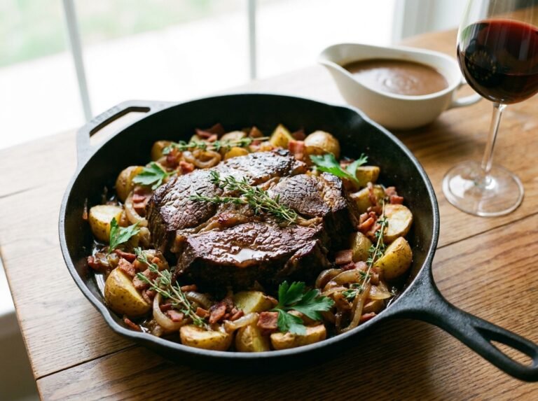 Rôti de bœuf aux pommes de terre, lardons et oignons : une recette familiale et généreuse