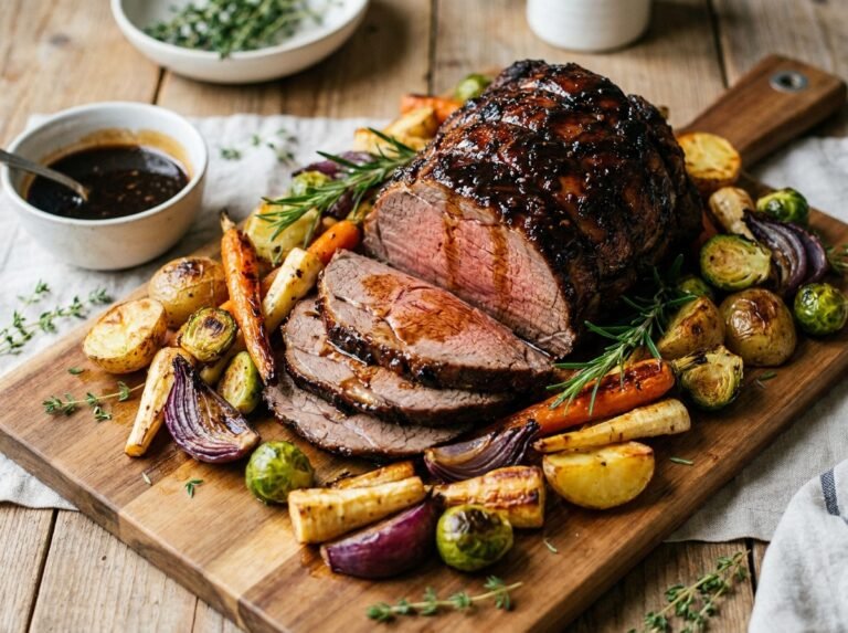 Rôti de bœuf au glaçage balsamique et cassonade, légumes rôtis