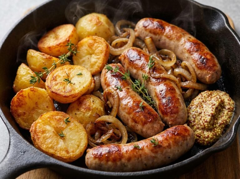 Saucisses & pommes de terre rôties à la moutarde, croustillantes et ultra gourmandes