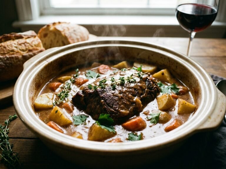 Rôti de bœuf mijoté à la crème brune, pommes de terre et carottes