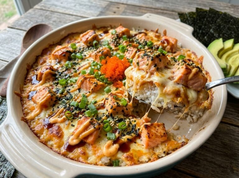 Spicy Salmon Sushi Bake : recette facile et crémeuse