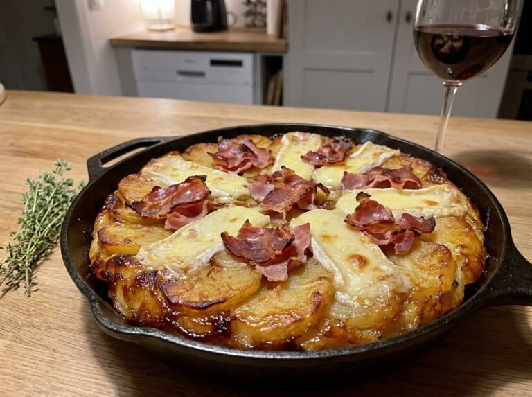 Tarte tatin salée de pommes de terre, reblochon fondant et jambon crousti-fondant
