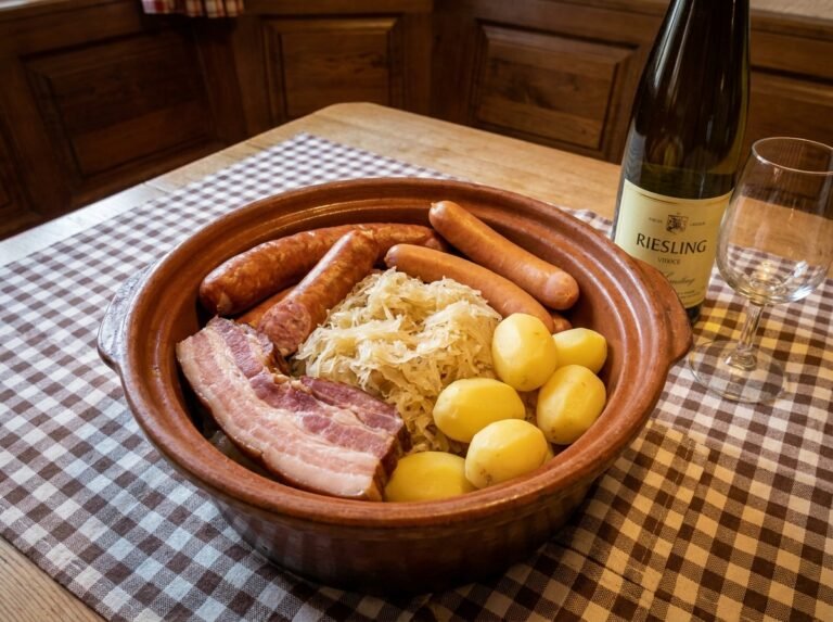 Choucroute alsacienne traditionnelle : saucisses, lard fumé et pommes de terre
