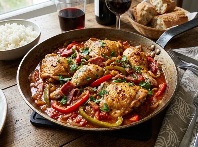 Poulet basquaise traditionnel : une recette fondante aux poivrons et à la tomate