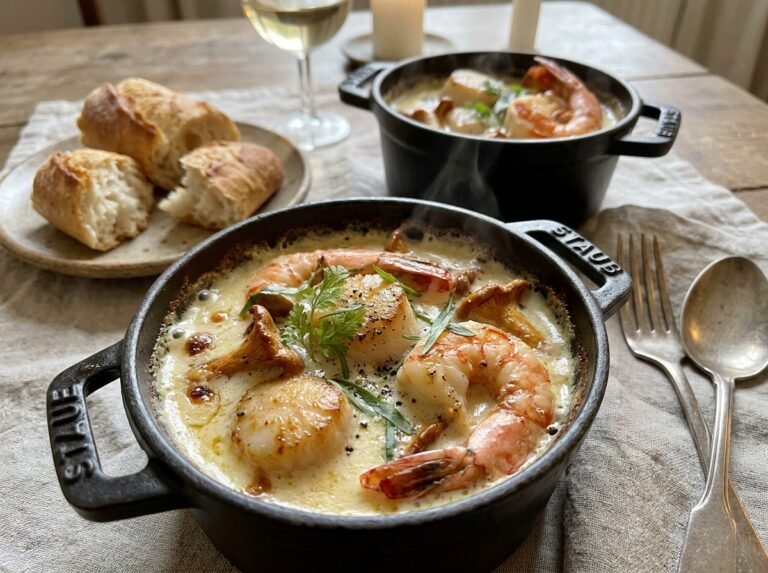 Cassolettes de Noix de Saint-Jacques et Gambas aux Girolles, Sauce au Noilly Prat