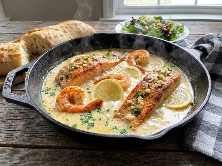 Creamy Lemon Garlic Seafood Skillet with Salmon and Shrimp