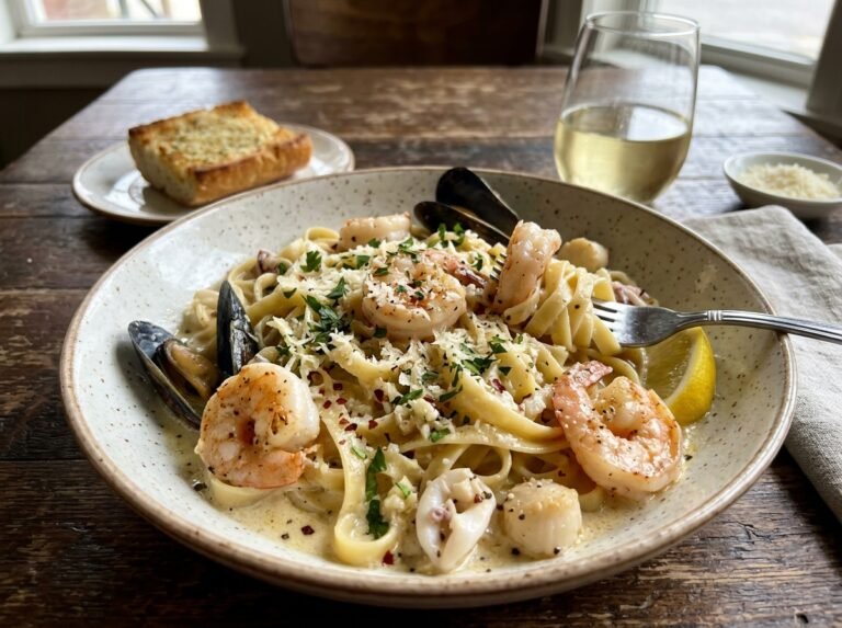 Creamy Garlic Shrimp Seafood Pasta
