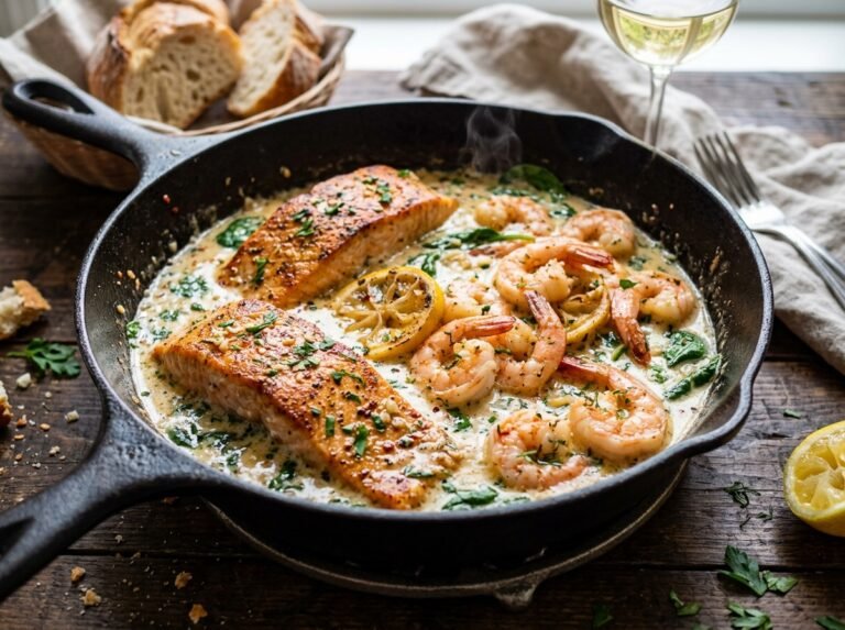 Garlic Butter Salmon and Shrimp Seafood in Cream Sauce