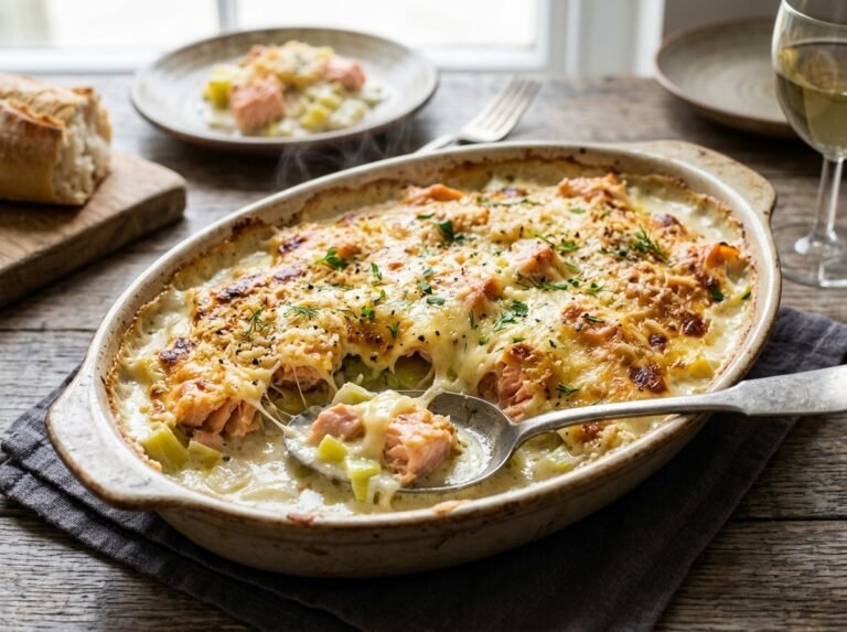Cassolette de Saumon & Poireaux Gratinés – Crémeuse et Fondante