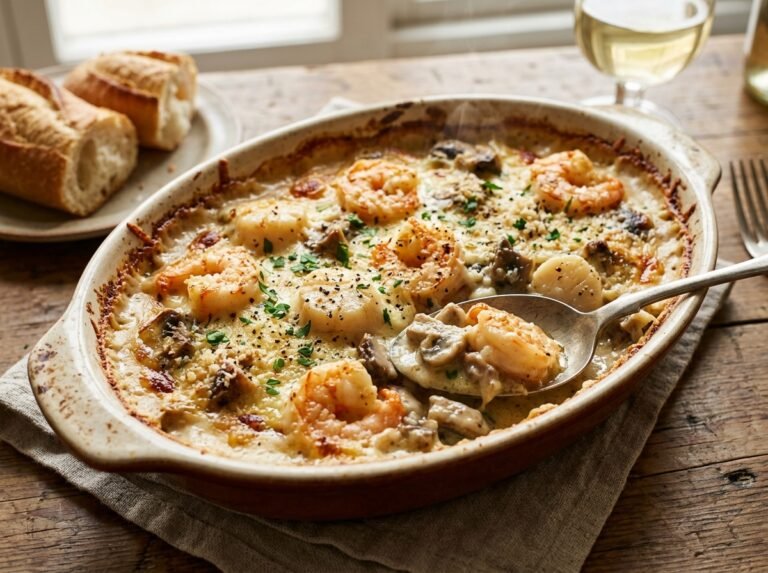 Gratin de la Mer aux Saint-Jacques, Crevettes & Champignons : Une Recette Crémeuse et Gourmande